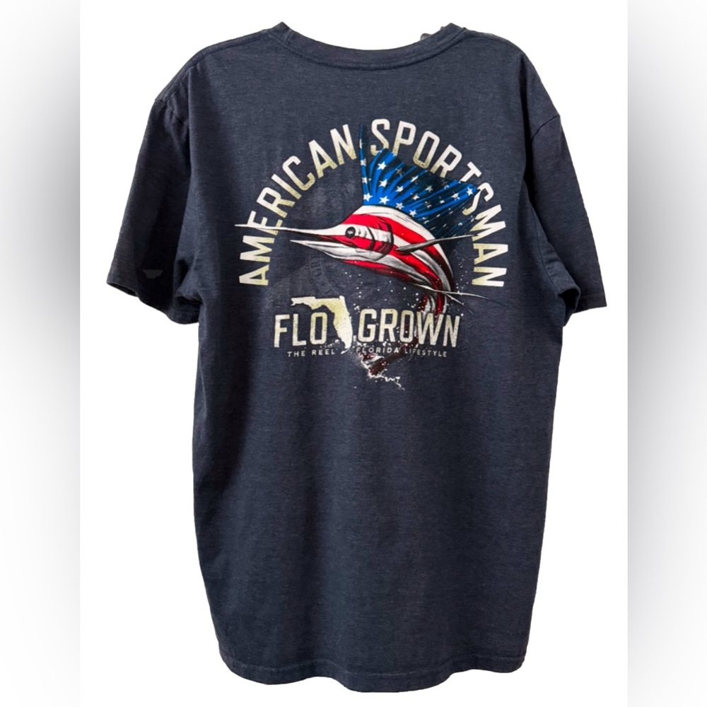 FloGrown American Sportsman Sailfish T-Shirt Heather Navy Mens L 100% Cotton Tee